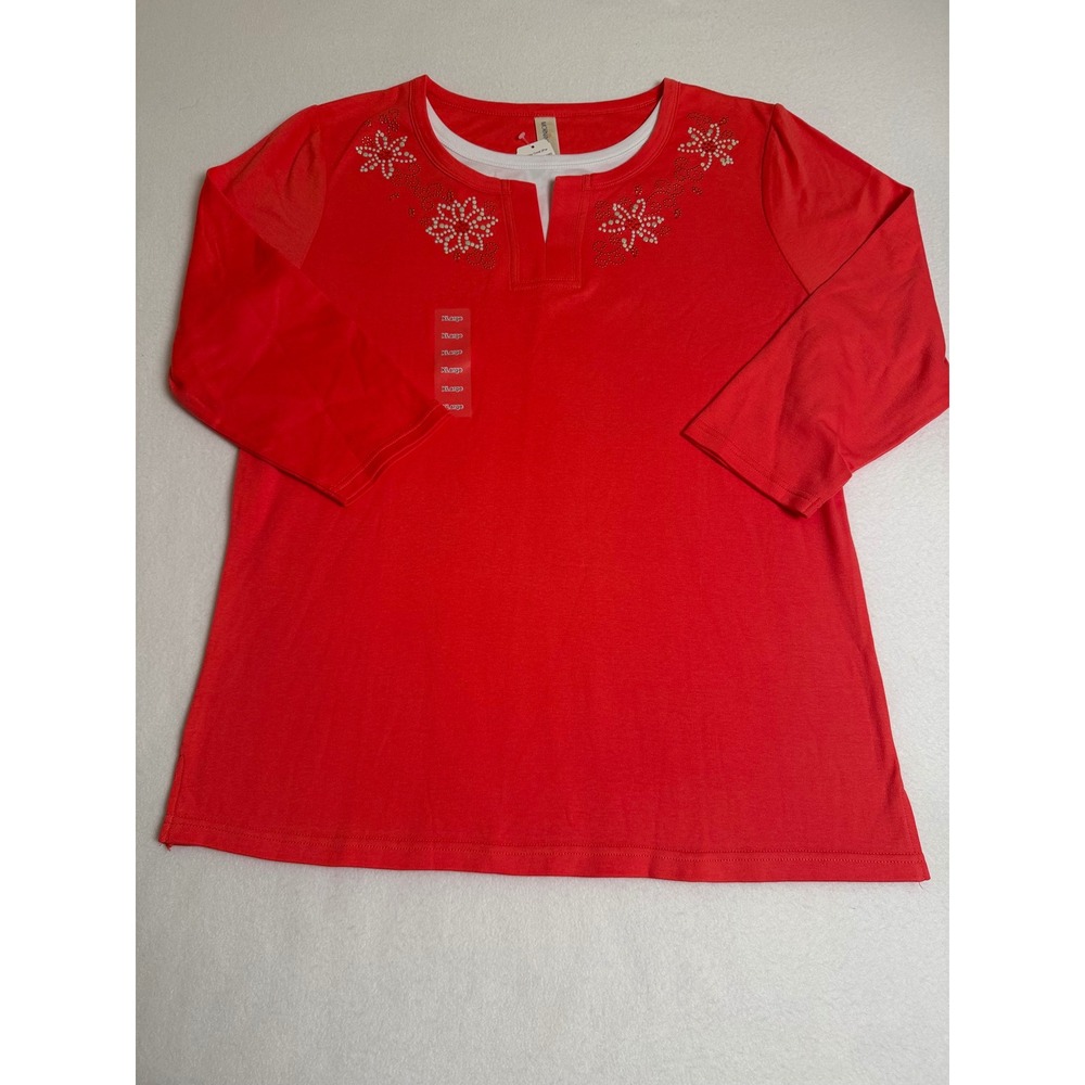 Morning Sun Daisy Coral 2-Fer Rhinestone Floral Top 3/4 Sleeve Red XL NWT